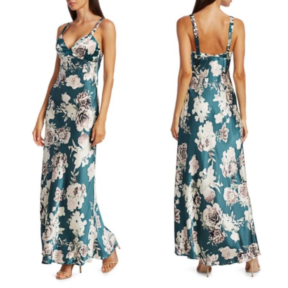Black Iris TOMMIE Floral Bouquet Print Silk Strapped Column Slip Maxi Dress